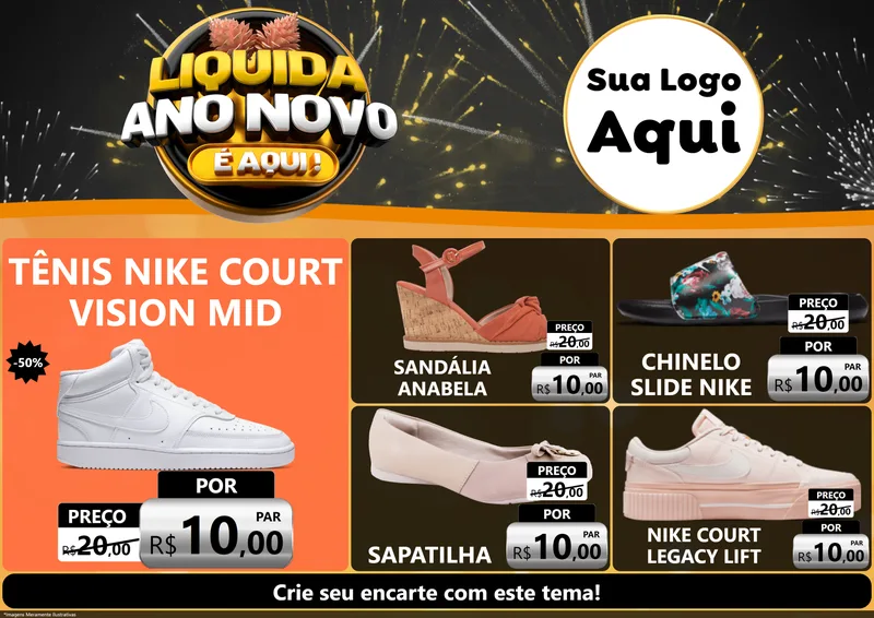 Modelo de Encarte para Encarte A4 Horizontal com o tema Liquida Ano Novo É Aqui! para Calçados
