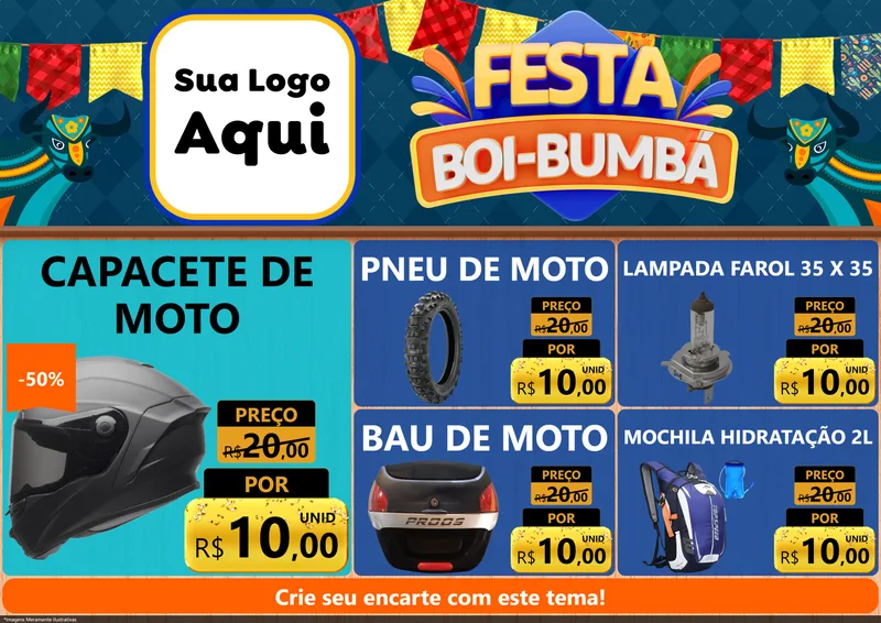 Modelo de Encarte para Encarte A4 Horizontal com o tema Festa Boi Bumbá para Moto peças