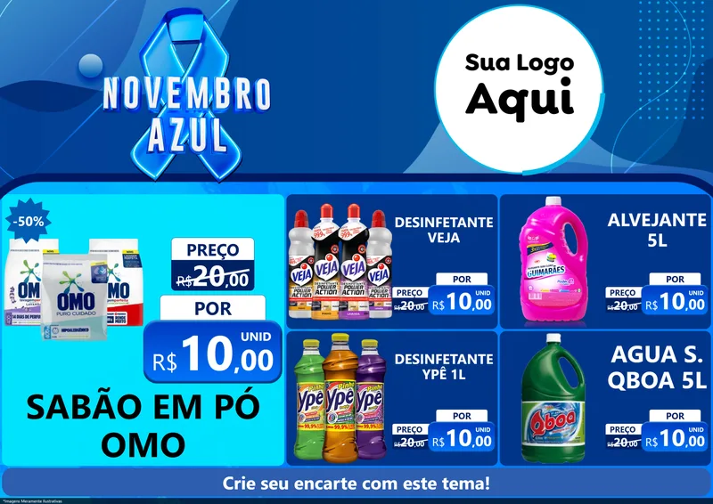 Modelo de Encarte para Encarte A4 Horizontal com o tema Novembro Azul para Produtos de Limpeza