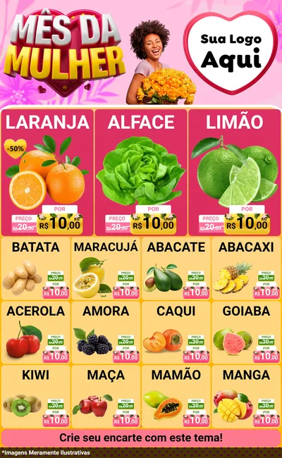 Modelo de Encarte para Encarte Grande com o tema Mês da Mulher para Hortifrúti