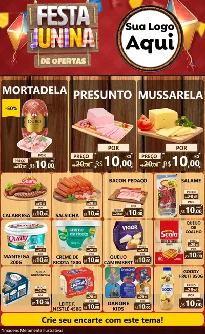Modelo de Encarte para Encarte Grande com o tema Festa Junina de Ofertas para Frios e Laticínios