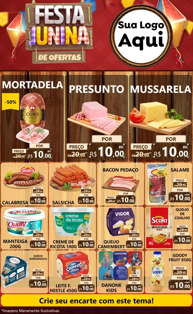 Modelo de Encarte para Encarte Grande com o tema Festa Junina de Ofertas para Frios e Laticínios