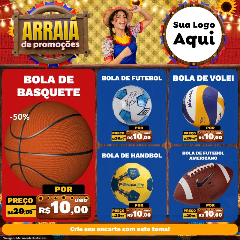 Modelo de Rede Social para Feed Facebook com o tema Arraiá de Promoções para Artigos Esportivos