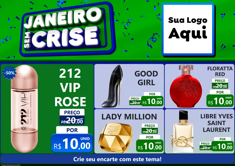 Modelo de Encarte para Encarte A4 Horizontal com o tema Janeiro Sem Crise para Perfumes