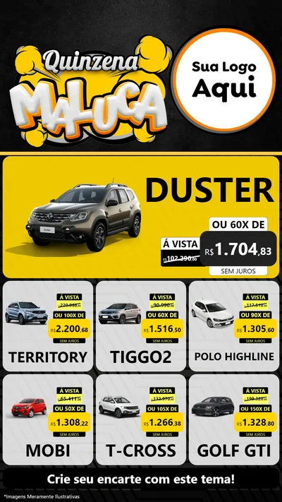 Modelo de Rede Social para Stories com o tema Quinzena Maluca para Concessionaria de Carros