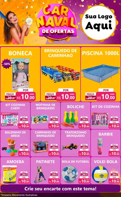 Modelo de Encarte para Encarte Grande com o tema Carnaval de Ofertas para Brinquedos