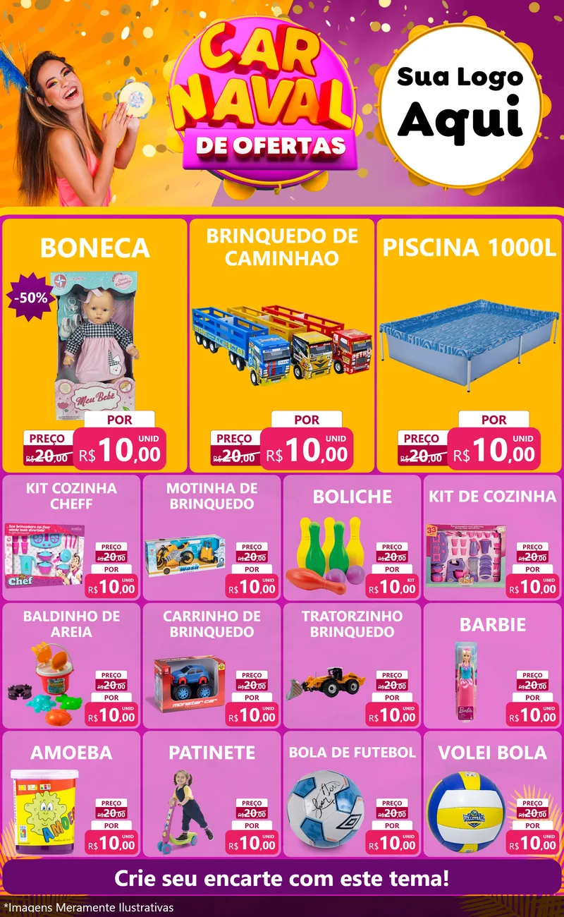Modelo de Encarte para Encarte Grande com o tema Carnaval de Ofertas para Brinquedos