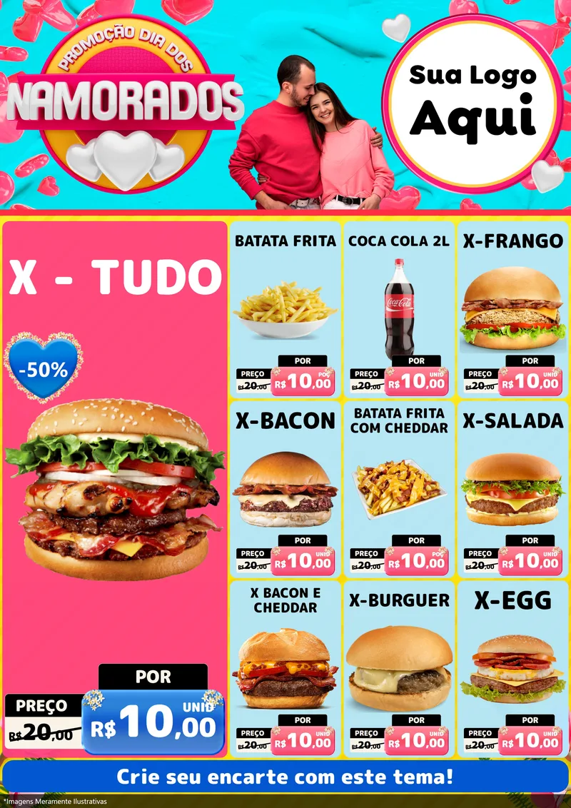 Modelo de Encarte para Encarte A4 Vertical com o tema Promoção Dia dos Namorados para Hamburgueria
