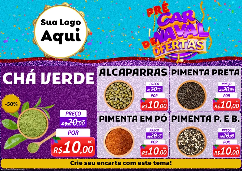 Modelo de Encarte para Encarte A4 Horizontal com o tema Pré Carnaval de Ofertas para Produtos Naturais