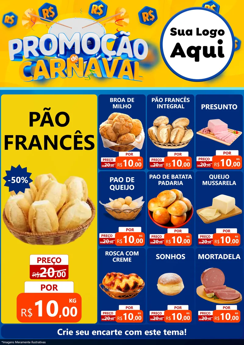 Modelo de Encarte para Encarte A4 Vertical com o tema Promoção de Carnaval para Padaria