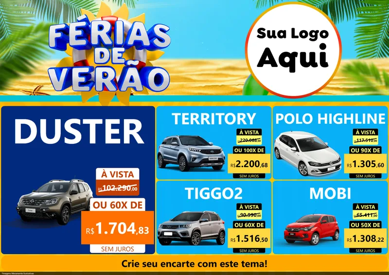 Modelo de Encarte para Encarte A4 Horizontal com o tema Férias de Verão para Concessionaria de Carros