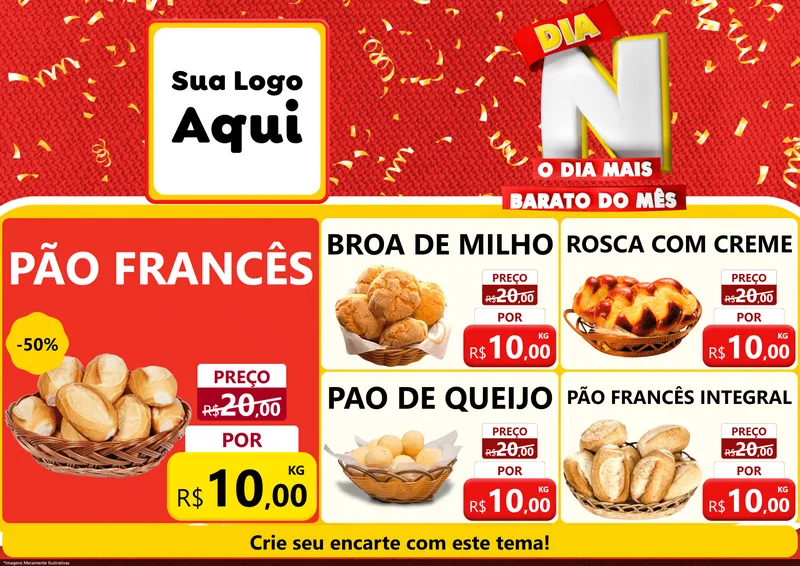 Modelo de Encarte para Encarte A4 Horizontal com o tema Dia N o Dia Mais Barato do Mês para Padaria