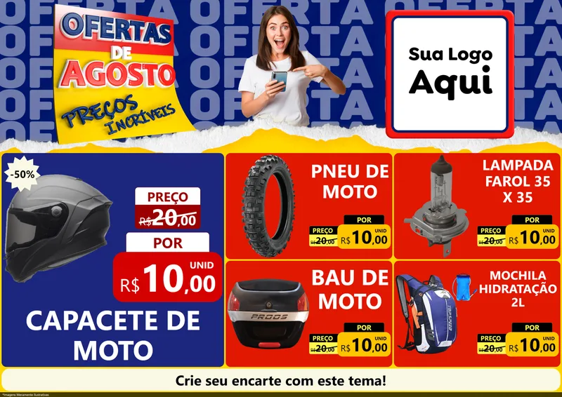 Modelo de Encarte para Encarte A4 Horizontal com o tema Ofertas de Agosto - Preços Incríveis para Moto peças