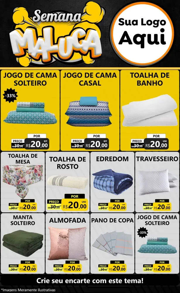 Modelo de Encarte para Encarte Grande com o tema Semana Maluca para Cama, Mesa e Banho