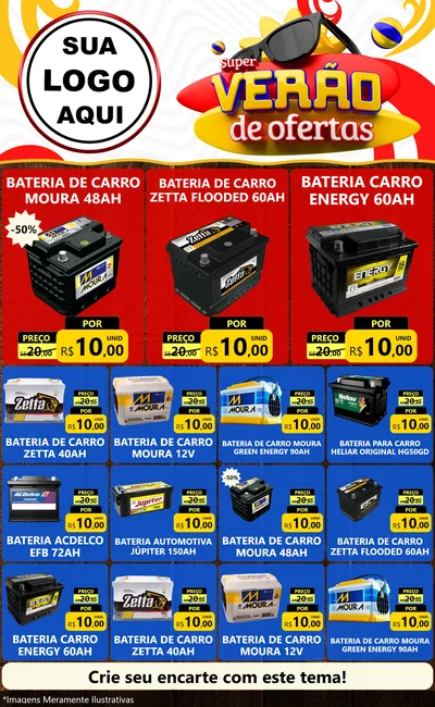 Modelo de Encarte para Encarte Grande com o tema Super Verão de Ofertas para Baterias Elétricas