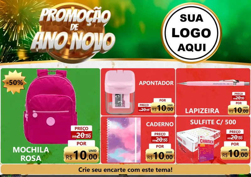 Modelo de Encarte para Encarte A4 Horizontal com o tema Promoção de Ano Novo para Papelaria