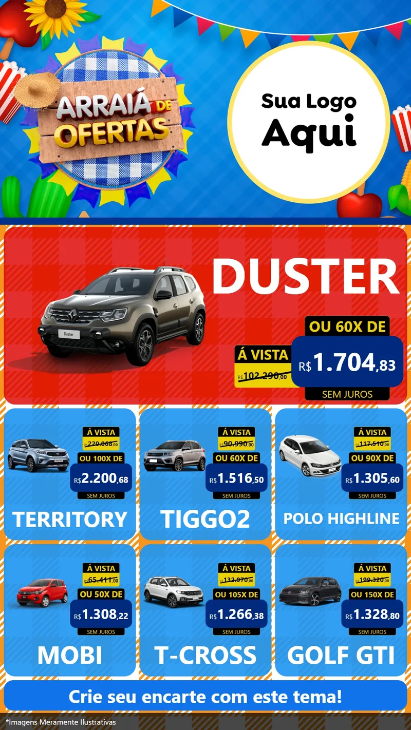 Modelo de Rede Social para Stories com o tema Arraiá de Ofertas para Concessionaria de Carros