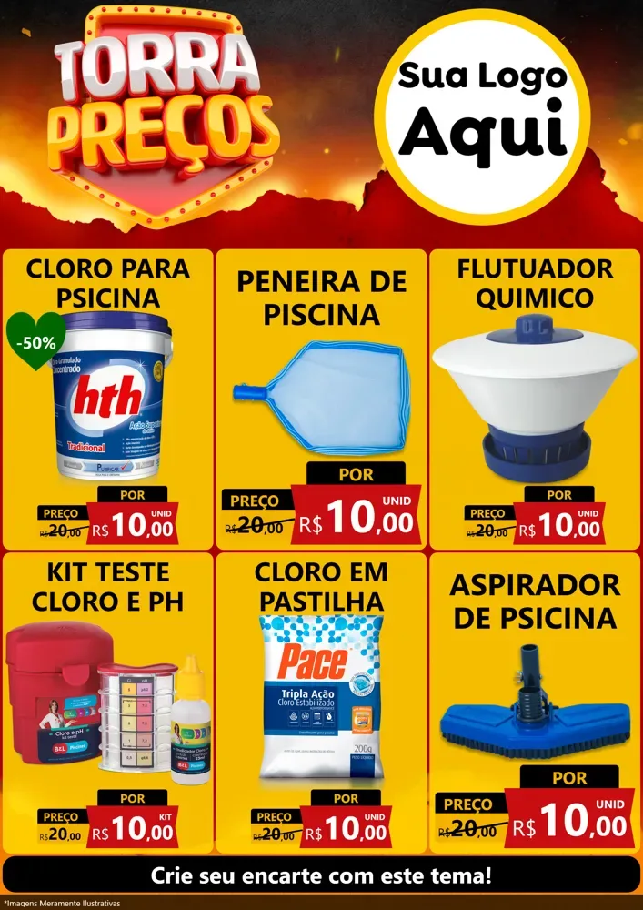 Modelo de Encarte para Encarte A4 Vertical com o tema Torra Preços para Produtos para Piscina