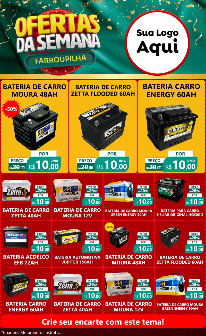 Modelo de Encarte para Encarte Grande com o tema Ofertas da Semana Farroupilha para Baterias Elétricas