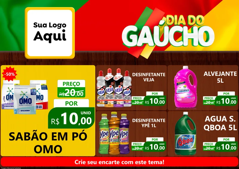 Modelo de Encarte para Encarte A4 Horizontal com o tema Dia do Gaúcho para Produtos de Limpeza