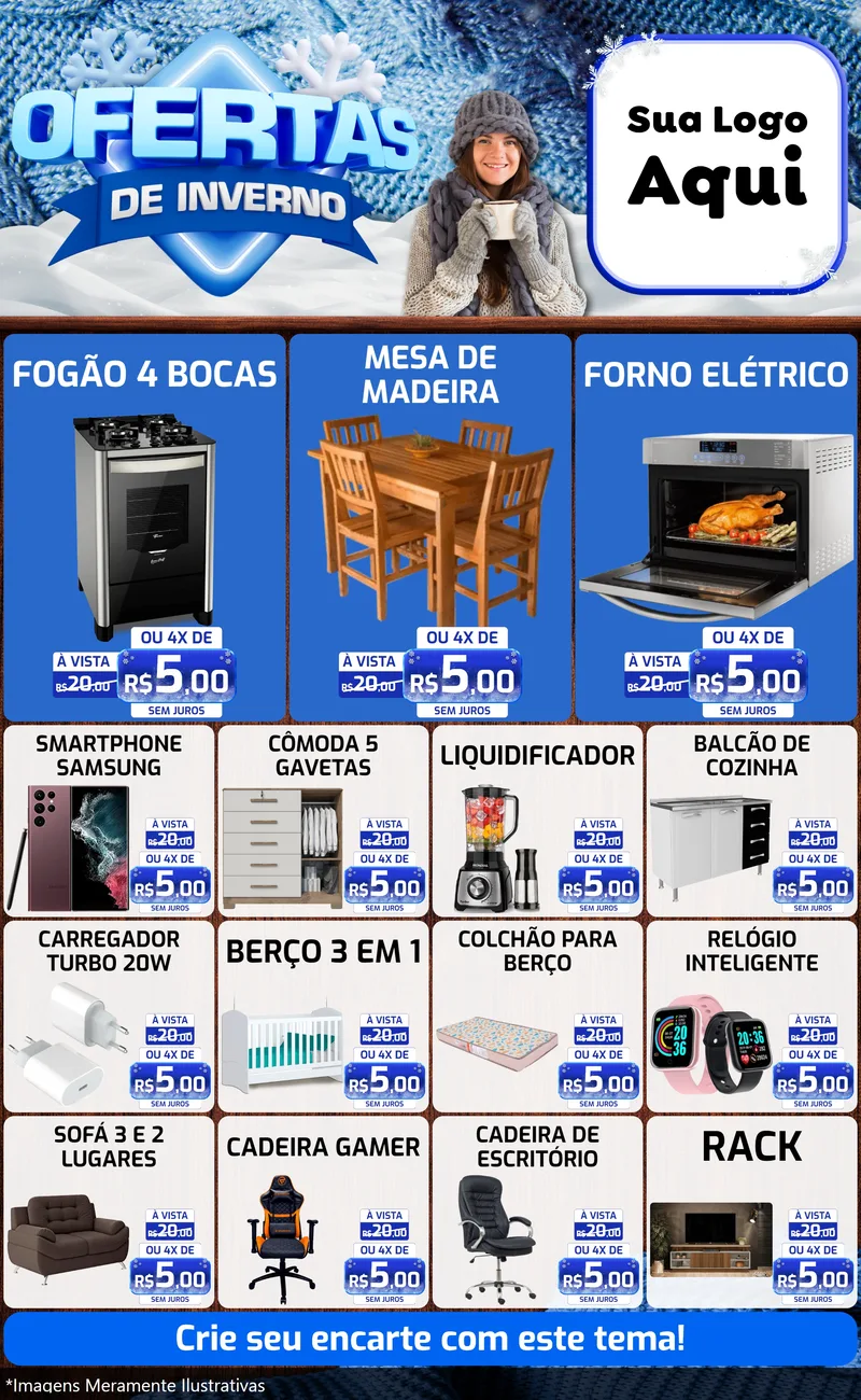 Modelo de Encarte para Encarte Grande com o tema Ofertas de Inverno para Móveis e Eletro