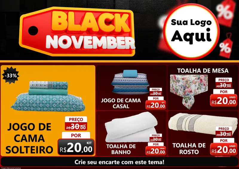 Modelo de Encarte para Encarte A4 Horizontal com o tema Black November para Cama, Mesa e Banho