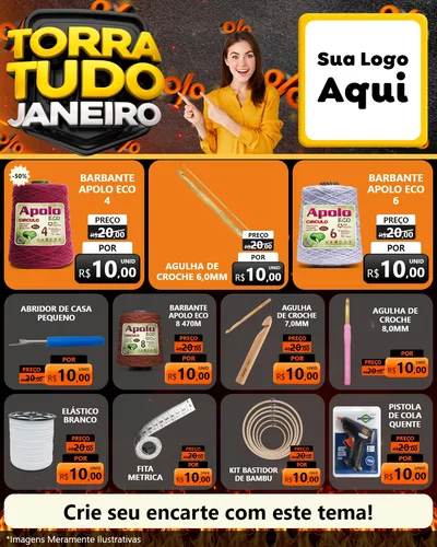 Modelo de Rede Social para Feed Instagram com o tema Torra Tudo Janeiro para Armarinho e Aviamentos