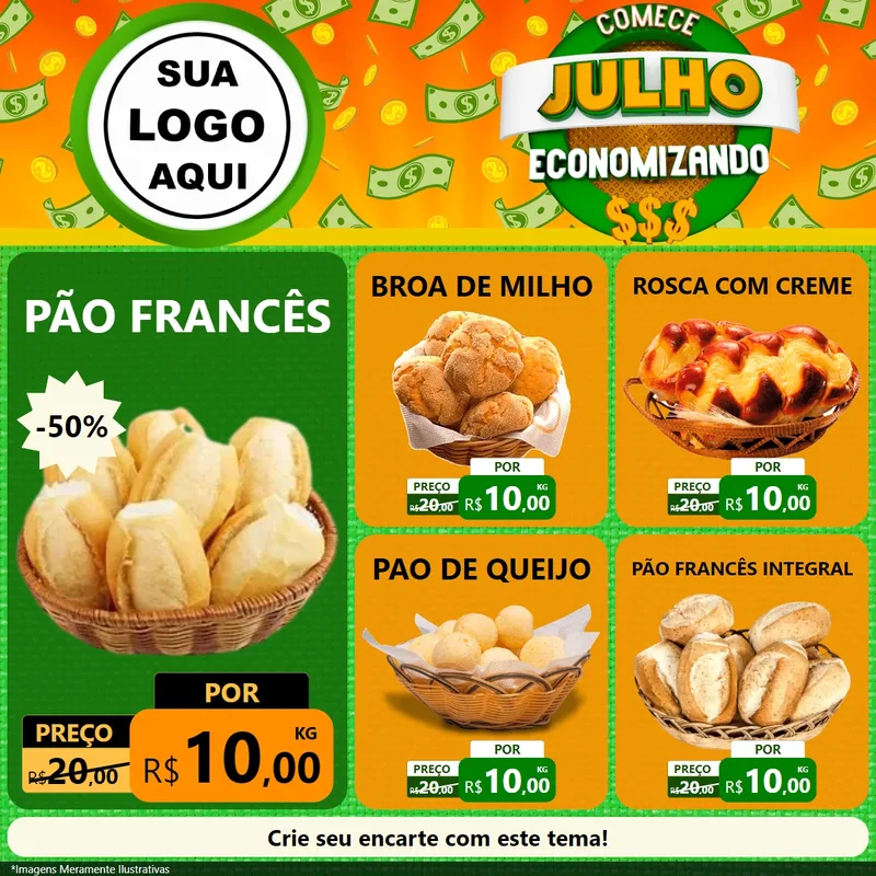 Modelo de Rede Social para Feed Facebook com o tema Comece Julho Economizando para Padaria