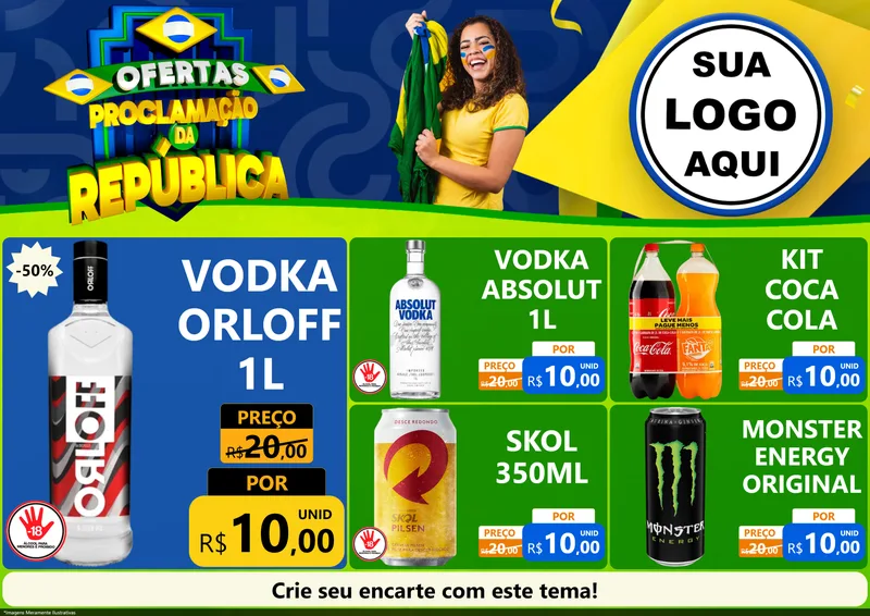 Modelo de Encarte para Encarte A4 Horizontal com o tema Ofertas Proclamação da República para Distribuidora de bebidas