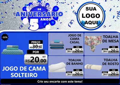 Modelo de Encarte para Encarte A4 Horizontal com o tema Promoção de Aniversário - 5 Anos para Cama, Mesa e Banho