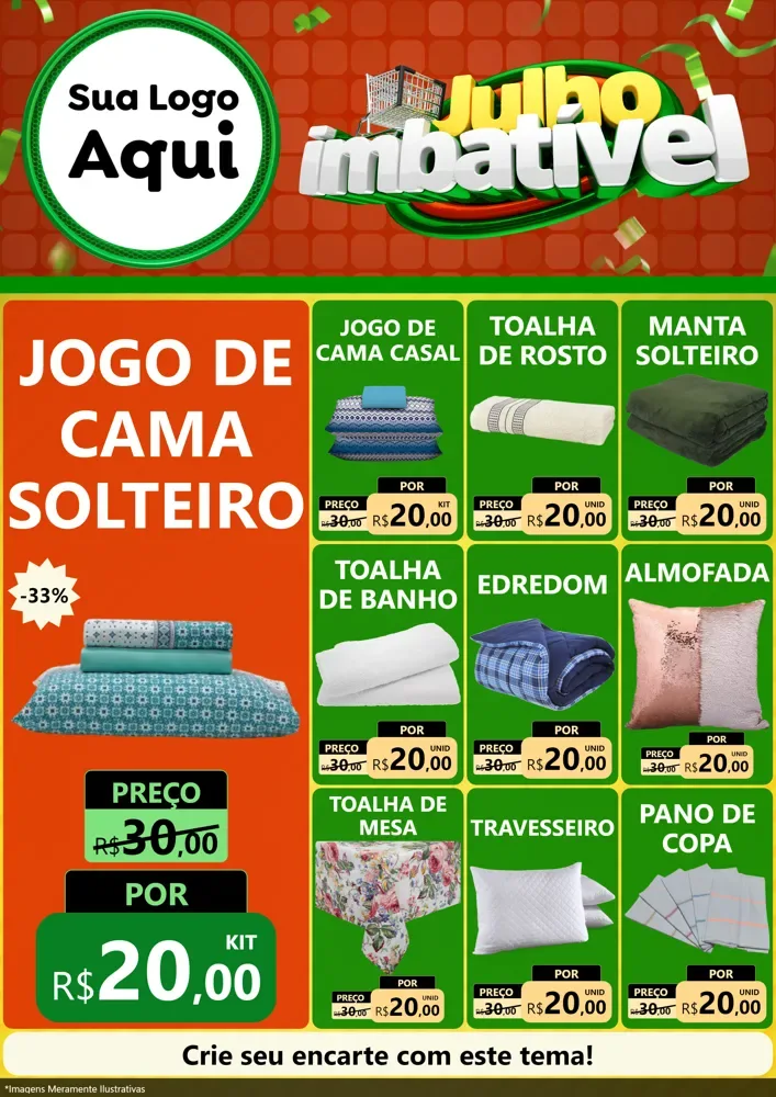 Modelo de Encarte para Encarte A4 Vertical com o tema Julho Imbatível para Cama, Mesa e Banho
