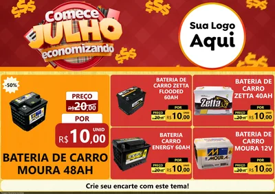 Modelo de Encarte para Encarte A4 Horizontal com o tema Comece Julho Economizando para Baterias Elétricas