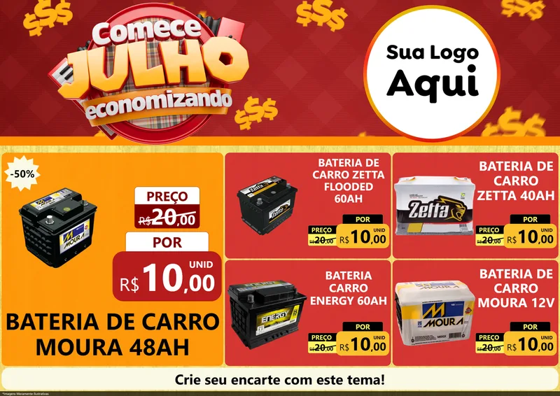 Modelo de Encarte para Encarte A4 Horizontal com o tema Comece Julho Economizando para Baterias Elétricas