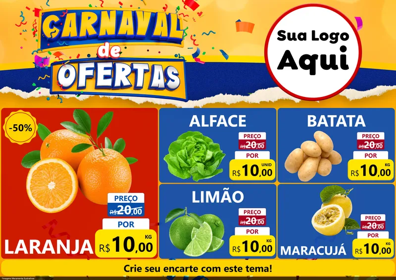 Modelo de Encarte para Encarte A4 Horizontal com o tema Carnaval de Ofertas para Hortifrúti