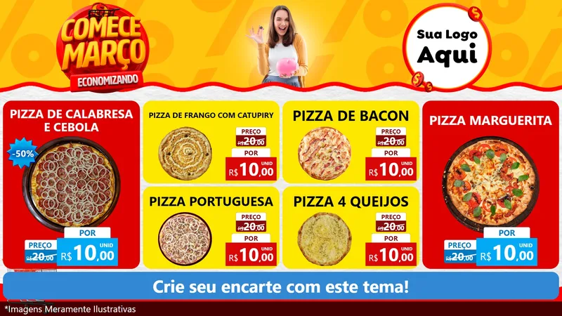 Modelo de TV para TV Horizontal com o tema Comece Março Economizando para Pizzaria