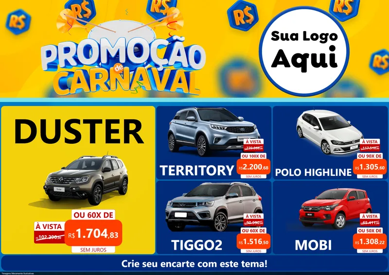 Modelo de Encarte para Encarte A4 Horizontal com o tema Promoção de Carnaval para Concessionaria de Carros