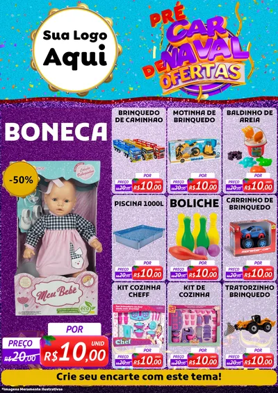 Modelo de Encarte para Encarte A4 Vertical com o tema Pré Carnaval de Ofertas para Brinquedos