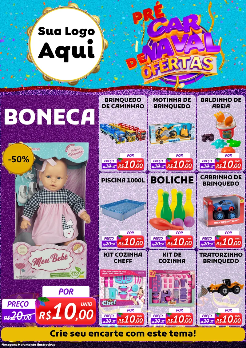 Modelo de Encarte para Encarte A4 Vertical com o tema Pré Carnaval de Ofertas para Brinquedos