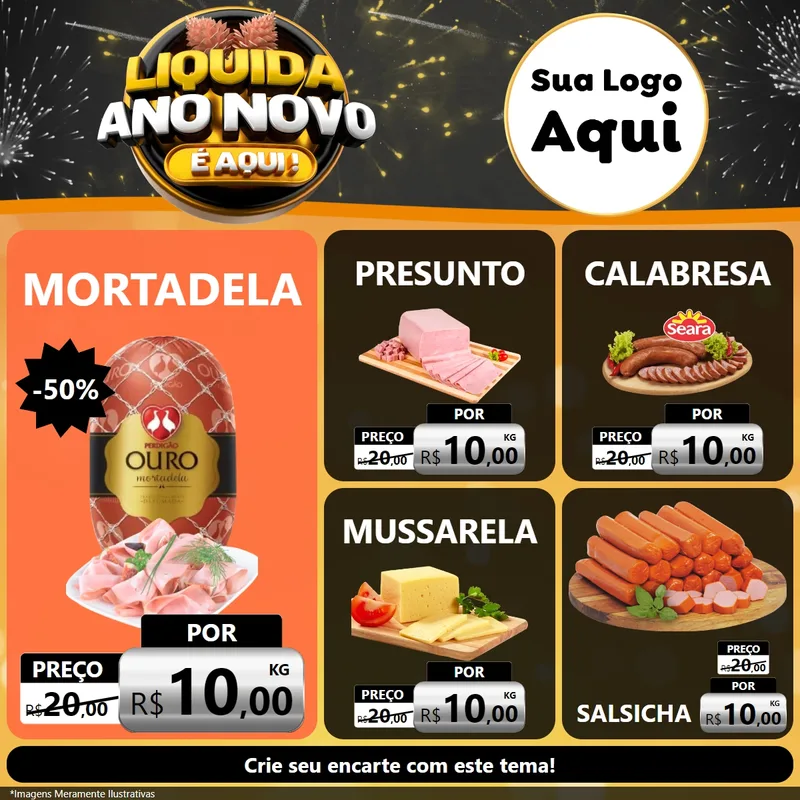 Modelo de Rede Social para Feed Facebook com o tema Liquida Ano Novo É Aqui! para Frios e Laticínios