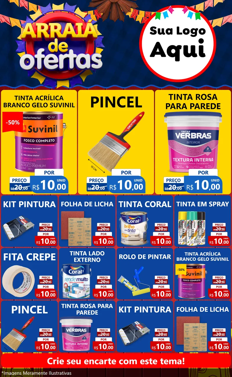Modelo de Encarte para Encarte Grande com o tema Arraiá de Ofertas para Tintas e Ferramentas