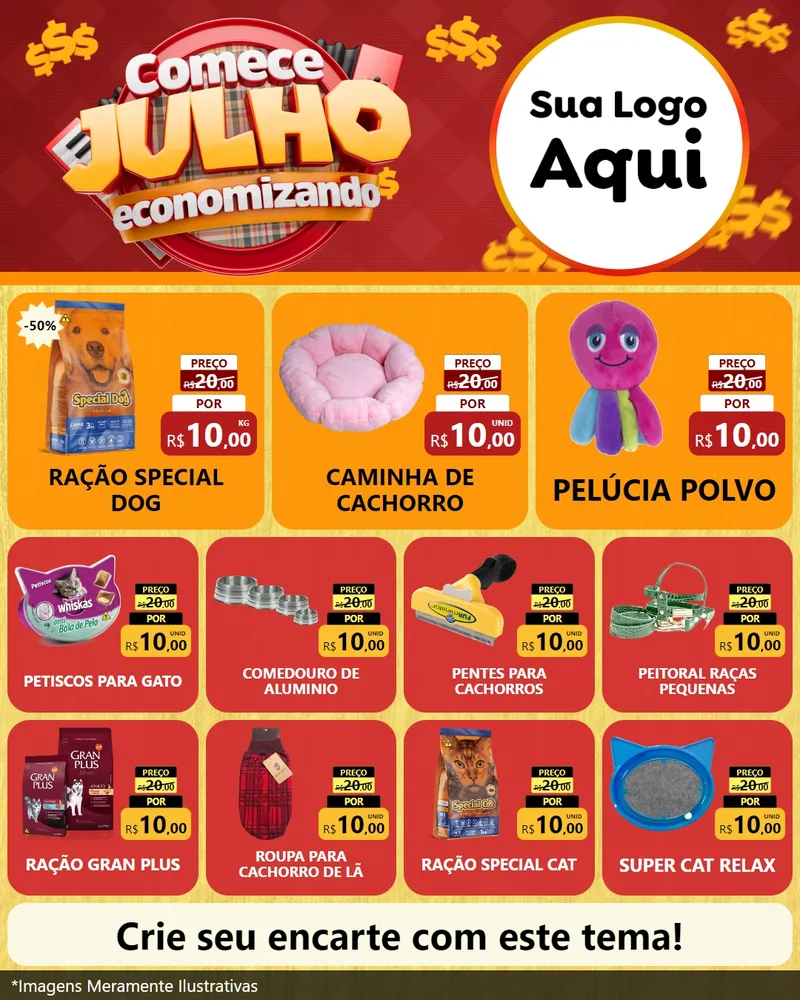 Modelo de Rede Social para Feed Instagram com o tema Comece Julho Economizando para Pet Shop