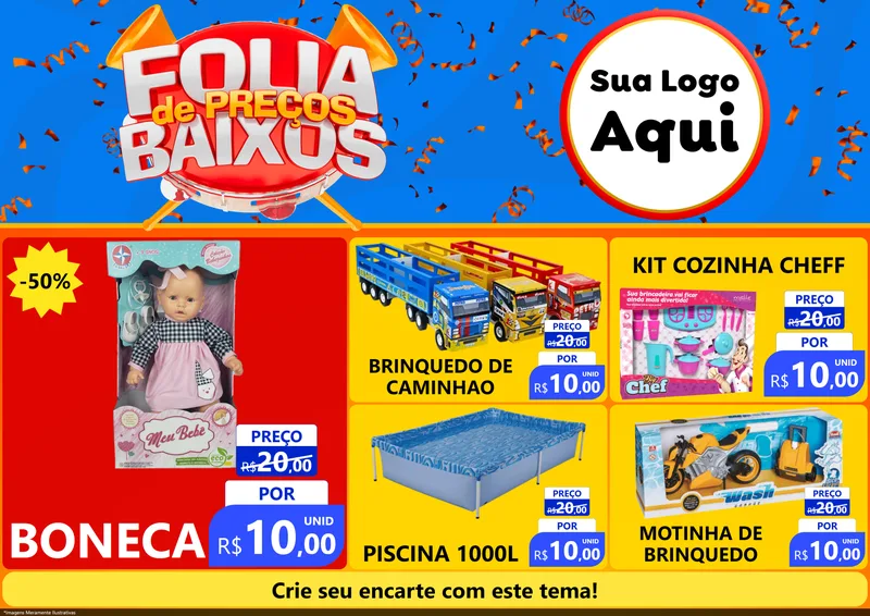 Modelo de Encarte para Encarte A4 Horizontal com o tema Folia de Preços Baixos para Brinquedos