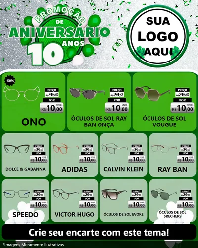 Modelo de Rede Social para Feed Instagram com o tema Promoção de Aniversário - 10 Anos para Óticas