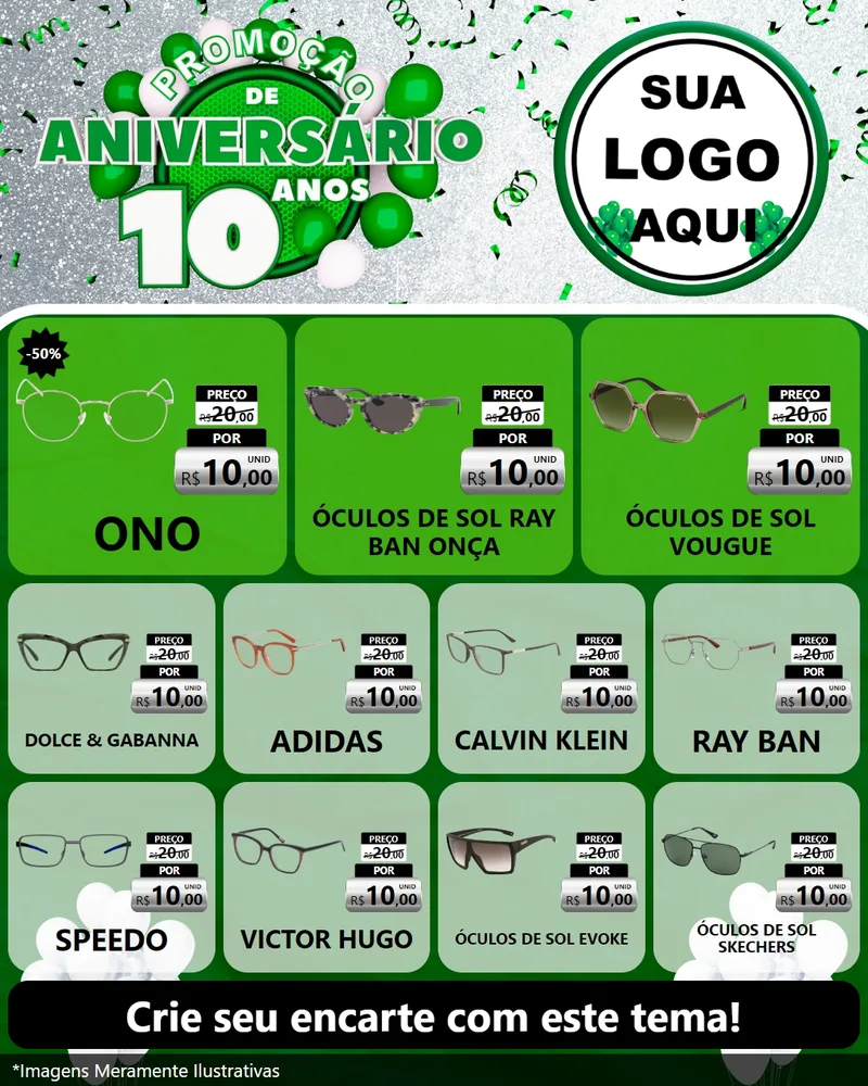 Modelo de Rede Social para Feed Instagram com o tema Promoção de Aniversário - 10 Anos para Óticas