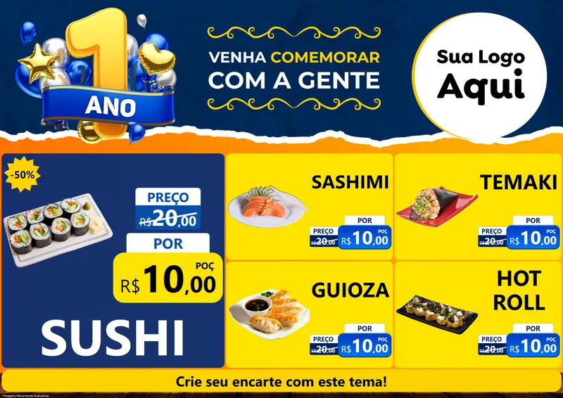 Modelo de Encarte para Encarte A4 Horizontal com o tema Um Ano de Aniversário para Comida japonesa