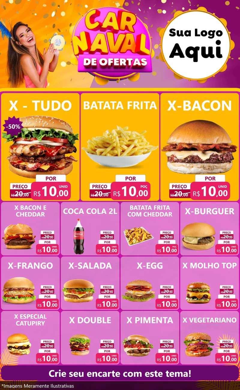 Modelo de Encarte para Encarte Grande com o tema Carnaval de Ofertas para Hamburgueria