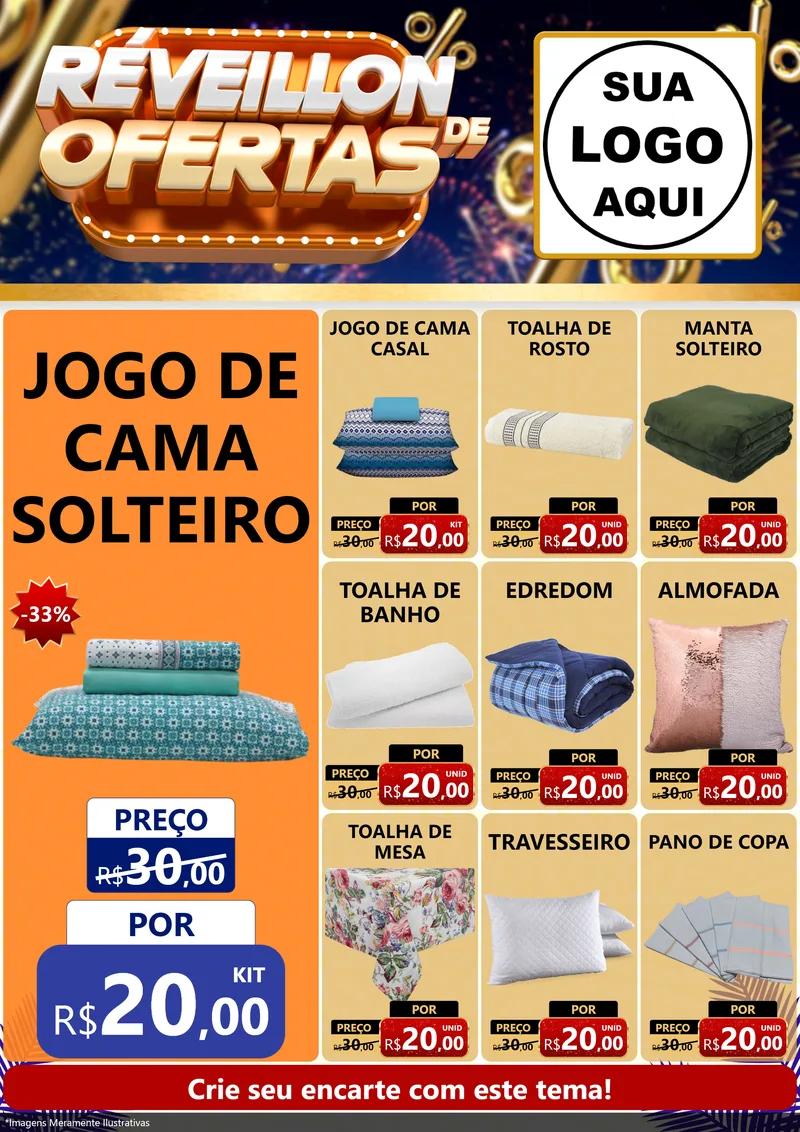Modelo de Encarte para Encarte A4 Vertical com o tema Réveillon de Ofertas para Cama, Mesa e Banho
