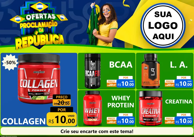 Modelo de Encarte para Encarte A4 Horizontal com o tema Ofertas Proclamação da República para Suplementos alimentares
