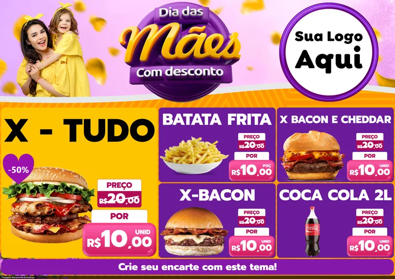 Modelo de Encarte para Encarte A4 Horizontal com o tema Dia das Mães com Desconto para Hamburgueria
