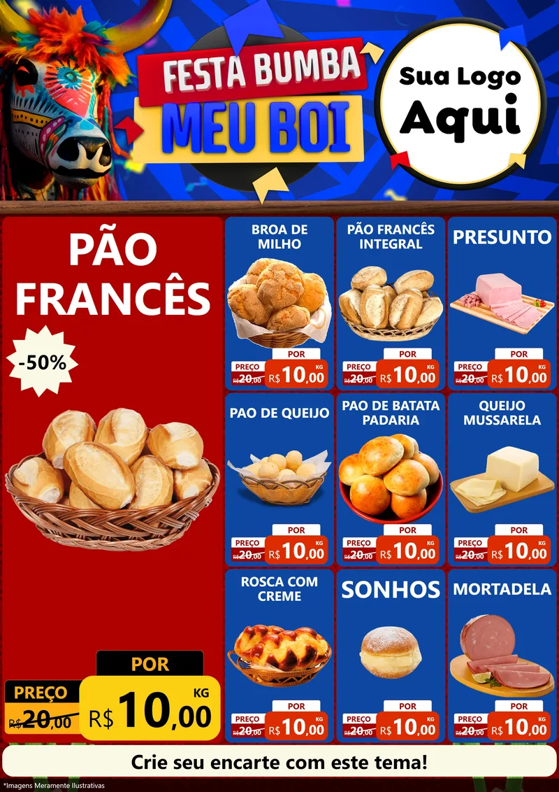 Modelo de Encarte para Encarte A4 Vertical com o tema Festa Bumba meu Boi para Padaria